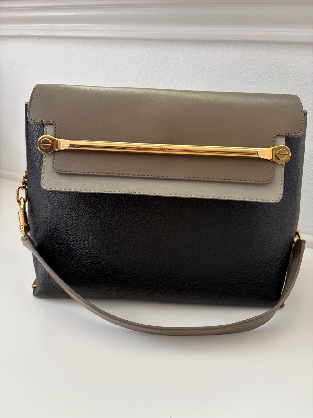 Chloe Black and Taupe Leather Shoulder Bag with Gold Bar Detail